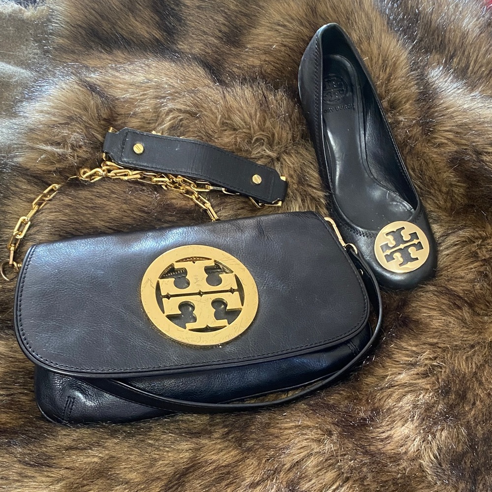 Tory Burch Black Clutch with Gold Emblem